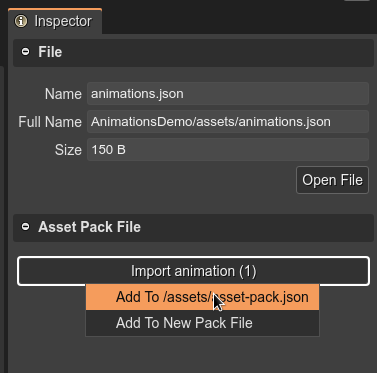 Import animation file into the Asset Pack file.