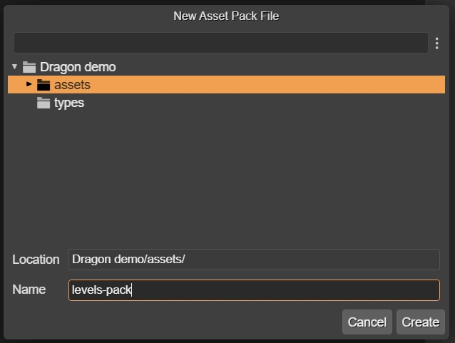 New Asset Pack file dialog.