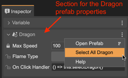 Prefab instance section and menu.