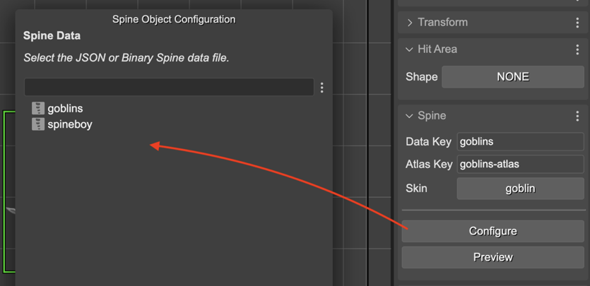 Configuring the skeleton, atlas, and skin of a game object.