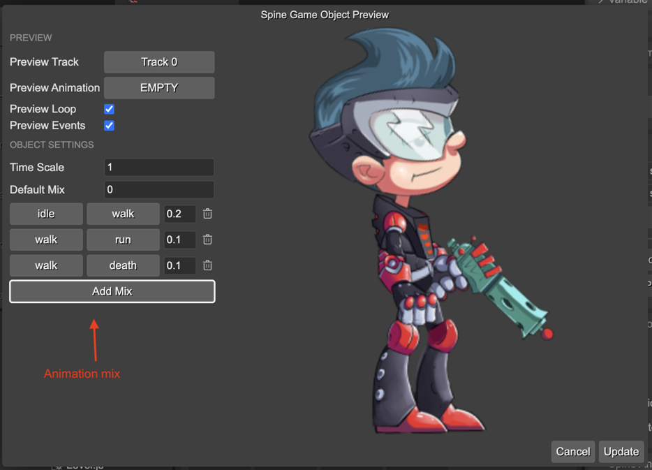 Spine game object preview dialog.